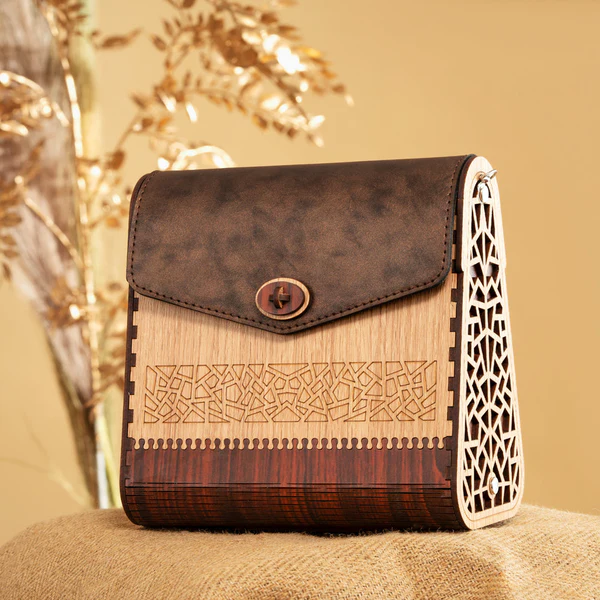 Wooden Square Bag with Carving at both the sides - With Leather Flap